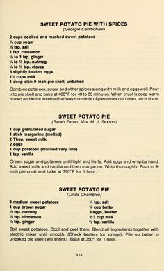 the menu for sweet potato pie with spices