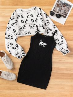 Blanco y Negro Casual Collar manga larga  Dibujos animados  Embellished Elástico Ligero Panda Clothes, Knit Fabric Dress, Clothes For Teens, Clothing For Teens, Crop Pullover, Cute Dress Outfits, Panda Print, Casual Preppy Outfits, Cute Preppy Outfits