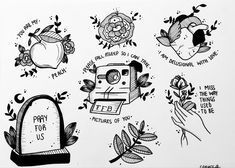 black and white ink drawings of different things