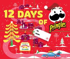 the twelve days of pringles poster with santa's hat and car in front