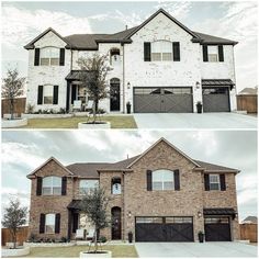 two pictures of a brick house with garage doors and windows in the front and back