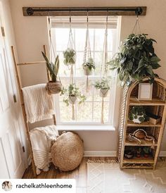 a window with plants in it next to a book shelf and rug on the floor