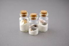 three small glass bottles filled with sand and shells