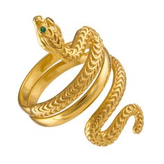 A unique handmade ring in the shape of a serpent, inspired by the Ancient Greek civilization and great archeological discoveries. The oldest use of the snake as a symbol was in the Minoan era, when it had become closely connected to the Great Goddess, and was considered a holy guardian and protector of mankind. It was also a symbol of the untamable and the beauty of the human character. Ancient Greeks believed also that snakes had the power to protect against misfortunes and evil spirits. Sent in a gift box.  Material: Handmade Sterling Silver 925 gold plated Colour: Gold with green zircon stone eyes Era-period: Minoan Age, island of Crete (2000-1400 B.C.) Design length: 2,5cm (0.98 in)  Design width: 2cm (0.79 in)  Weight: 6,00 grams (0,013lbrs) Express shipping with DHL! Free for USA, Ca Antique Snake-shaped Yellow Gold Jewelry, Antique Snake Ring As Gift, Adjustable Snake Symbolic Ring, Adjustable Snake-shaped Symbolic Rings, Adjustable Symbolic Snake Ring, Spiritual Snake Ring As Gift, Spiritual Snake Ring For Gift, Unique Green Snake-shaped Jewelry, Unique Handmade Snake Ring