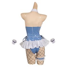 a female mannequin dressed in blue and white with fishnet stockings on her legs