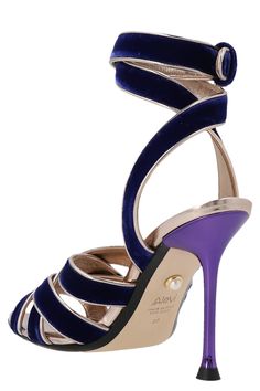 'Liza' leather sandals with blue velvet bands crossed at the front, double row ankle strap, purple heel and pointed toe. Composition: Elegant Purple Strappy Heels, Purple Pointed Toe Sandals For Evening, Purple Sandals With Wrapped Heel For Evening, Evening Purple Sandals With Wrapped Heel, Purple Evening Sandals With Wrapped Heel, Luxury Purple Sandals With Open Heel, Purple Sandals With Heel Strap And Pointed Toe, Purple Sandals With Padded Heel For Formal Occasions, Purple Formal Sandals With Padded Heel