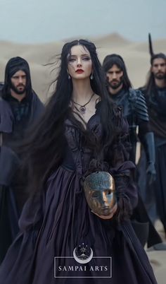 a woman with long black hair standing in front of other people wearing medieval clothing and holding swords