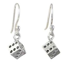 Tempting Lady Luck silver dice dance on sterling wires. Wadarat Supasirisuk presents these whimsical handcrafted earrings. .925 Sterling silver Fun Silver Earrings, Silver Cube Jewelry For Gifts, Charm Dangle Earrings For Gifts, Nickel-free Novelty Drop Earrings, Novelty Dangle Jewelry For Jewelry Making, Silver Metal Earrings With Charms, Silver Charm Earrings For Anniversary, Sterling Silver Dangle Earrings With Charms, Sterling Silver Drop Earrings With Charms