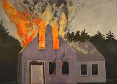 a painting of a house on fire with trees in the background