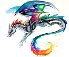 a drawing of a dragon with colorful wings