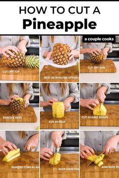 how to cut a pineapple on a cutting board with pictures showing the steps and instructions