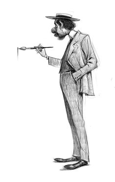 a black and white drawing of a man in a suit holding a paintbrush with one hand