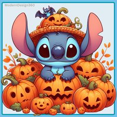 a cartoon character surrounded by pumpkins and jack - o'- lanterns