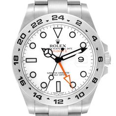 Rolex Explorer II White Dial Orange Hand Steel Mens Watch 216570 Box Card. Officially certified chronometer automatic self-winding movement. Stainless steel case 42.0 mm in diameter. Rolex logo on a crown. Stainless steel tachymetric scale bezel. Scratch resistant sapphire crystal with cyclops magnifier. White dial with luminous inlay hour markers and Mercedes hands. Orange second time zone hand. Date window at 3 o'clock aperture. Stainless steel oyster bracelet with flip lock clasp. Fits 7 3/4" Rolex Explorer Ii White, Rolex Explorer Ii, Rolex Explorer, Oyster Bracelet, Rolex Logo, Time Zone, Time Zones, Box Card, 3 O Clock