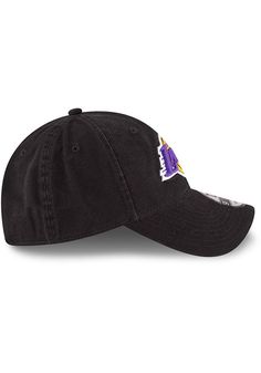 This Los Angeles Lakers Black Adjustable Hat features a front embroidered team logo on a lightly-structured cotton crown, with pre-curved visor and adjustable backstrap. Team logo embroidered on the front, Cloth Strap Closure to dial in the perfect fit, Relaxed, unstructured fit, Pre-curved bill, 100% cotton construction, New Era Flag logo on side, Dad hat, 100% Cotton, Washable, Imported Team-colored Cotton Hat With Embroidered Logo, Cotton Hat With Team Logo For Sports Events, Game Day Cotton Hat With Embroidered Logo, Sports Cotton Hat With Logo, Cotton Sports Hat With Team Logo, Black Cotton Dad Hat With Embroidered Logo, Cotton Sports Hat With Logo, Sporty Cotton Hats For Fan Merchandise, Black Cotton Hat With Embroidered Logo