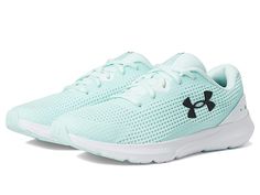 Under Armour Surge 3 - Women's Shoes : Fuse Teal/White/Black : Look sporty and stylish wearing the Under Armour Surge 3 Shoes. Textile and synthetic upper. Textile lining and insole. Lightweight and breathable. Round toe silhouette. Lace-up closure. Synthetic outsole. Imported. Double button pull through stud closure. Weight of footwear is based on a single item, not a pair. Sporty Under Armour Walking Shoes For Sports, Sporty Under Armour Walking Shoes, Sporty Breathable Under Armour Walking Shoes, Sporty Running Shoes With Studded Rubber Outsoles, Breathable Lace-up Walking Shoes By Under Armour, Under Armour Athleisure Sneakers For Sports, Under Armour Lace-up Running Shoes With Cushioned Footbed, Under Armour Sporty Slip-on Sneakers, Athleisure Sneakers By Under Armour For Sports