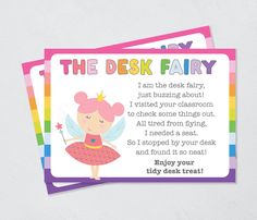 Positive classrooms are places where students feel supported, safe and willing to share their ideas. Create a positive (and clean!) classroom culture in your classroom with these Desk Fairy Notes! These printable teacher notes feature easy-to-read fonts, appealing to a wide age range of students, and rainbow colors for a fun and playful vibe. There's no better way to encourage students than with positive notes that build them up and reward responsibility!  The file will come to you as an 8.5 x 1 Desk Fairy Ideas, Desk Fairy Classroom, Fairy Classroom, Classroom Fairy, Teacher Mail, Desk Fairy, Clean Classroom, Classroom Culture, Teacher Printable