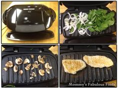 four different views of food being cooked on an electric grill with mushrooms, lettuce and onions