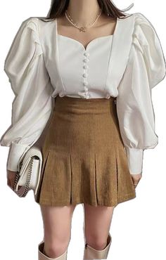 Button Up Blouse, 2 Colours, Sweetheart Neckline, Puff Sleeve, White And Black, Button Up, Color