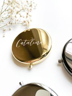 Elevate your gift with a hand engraved compact mirror. This is the perfect addition to complete that bridesmaids bag, Mother's Day gift, party favor or just to add it to your purse.  Choose between gold, silver and dark grey. You can add engraving to the front and the inside of the mirror. Leave the personalization in the box above. Bach Gift, Compact Mirror Personalized, Pocket Mirrors, Bridesmaid Bags, Frederick Md, Gold Engraving, Pocket Mirror, Compact Mirror, Bridesmaid Proposal