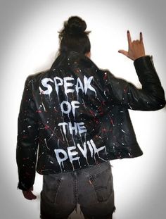 Devil Custom, Speak Of The Devil, Hand Painted Leather Jacket, Painted Leather Jacket, Alt Clothes, Painted Jacket, Custom Denim