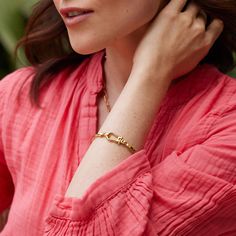 Add a touch of playfulness to your wrist with the Kieran Cuff Bracelet. This unique cuff features a hinge closure for easy on and off, and is made with shining gold for a touch of glamour. Available in 14K gold plated brass Inside Diameter 2.5" Hinge closure Protected with an anti-tarnish barrier SKU: BYB1261 Everyday Gold-plated Jubilee Cuff Bracelet, Everyday Gold Plated Jubilee Cuff Bracelet, Gold Cuff Bracelets For Everyday, Chic Gold Cuff Bracelet Tarnish Resistant, Chic Gold Cuff Bracelet With Oyster Detail, Gift Brass Bracelets With Gold Clasp, Chic Gold Oyster Bracelet Cuff, Chic Gold Bracelets With Oyster Detail, Chic Gold Oyster Cuff Bracelet