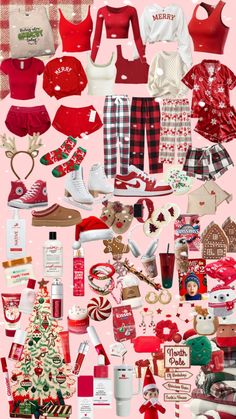 a collage of christmas items on a pink background with red and white colors, including stockings