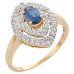 Blue Sapphire ring in 18K Gold which perfectly goes with your personality and also helps you to learning and spiritual healing. Designed with Blue Sapphire in center and halo of diamond in marquise shape that makes it a perfect fit to wear it on your wedding or style it with any of your basic outfit to give it a glam. PRODUCT DETAILS :- > Material - 18K Solid Yellow Gold > Gemstone - Blue Sapphire > Gemstone Weight - 0.55 ct > Gemstone pcs - 1 > Gemstone shape - Oval > Gemstone size - 6 x 4 mm > Yellow Gold Marquise Cut Sapphire Ring For Formal Occasions, Luxury Yellow Gold Marquise Sapphire Ring, Yellow Gold Marquise Cut Sapphire Jewelry, Yellow Marquise Fine Jewelry, Yellow Sapphire Ring, Fine Jewelry For Formal Occasions, Yellow Gold Cocktail Ring, Sapphire Diamond Engagement, Sapphire Cocktail Ring, Gold Cocktail