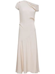 light beige crepe texture asymmetric neck one-shoulder draped detailing cap sleeves flared hem mid-length concealed rear zip fastening Chic Beige Midi Dress With Asymmetrical Neckline, Beige One-shoulder Midi Dress For Evening, Elegant Beige Draped Midi Dress, Chic Beige One Shoulder Evening Dress, Elegant Asymmetrical Beige Maxi Dress, Elegant Beige Asymmetrical Maxi Dress, Elegant Beige Asymmetrical Dress, Formal Asymmetrical Beige Midi Dress, Chic One-shoulder Midi Dress With Bias Cut