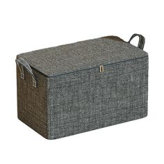 a grey and brown storage box with handles on it's sides, sitting against a white background