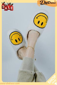 Smiley Fuzzy Slippers Yellow Casual Flat Slippers, Casual Yellow Flat Slippers, Fun Round Toe Winter Slippers, Trendy Flat Leisure Slippers, Fun Round Toe Slippers For Winter, Trendy Spring Slippers, Trendy Comfortable Slippers For Spring, Trendy Flat Indoor Slippers, Trendy Indoor Flat Slippers