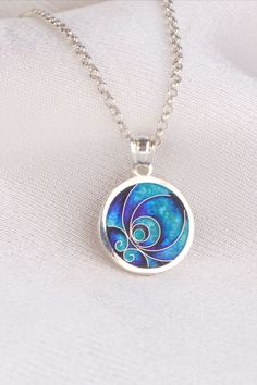 Georgian Cloisonne Enamel Pendant, Sterling Silver Necklace, Handmade Jewelry, Cloisonné Enamel Necklace, Sterling Silver 925, Gift For Her Blue Spiral Sterling Silver Jewelry, Handmade Spiritual Enamel Jewelry, Blue Necklace With Round Inlay, Pendant Jewelry With Inlay As Gift, Inlay Pendant Jewelry For Gift, Inlay Pendant Jewelry Gift, Symbolic Enamel Pendant Necklace, Artistic Silver Enamel Necklace, Silver Necklace With Artistic Round Design