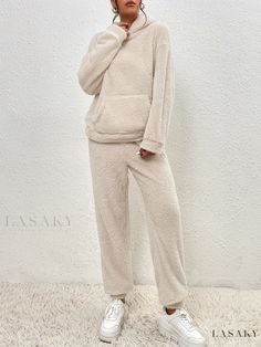 Lasaky - Premium Solid Teddy Two-piece Set: Stylish Long Sleeve Hooded Top with Kangaroo Pocket & Cozy Long Length Warm Pants - Exceptional Womens Clothing Winter Set, Korean Casual, Casual Trousers, Outfit Casual, Long Pants, Casual Outfit, Sweater Jacket, Outfit Sets, Kangaroo