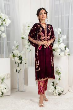 Anika | Pakistani Designer Outfit | Sarosh Salman Anarkali Velvet Sets With Dabka, Anarkali Velvet Sets With Dabka Details, Traditional Velvet Long Sleeve Salwar Kameez, Velvet Kurta With Intricate Embroidery For Diwali, Festive Unstitched Velvet Suit With Zari Work, Diwali Velvet Dabka Sets, Festive Velvet Long Sleeve Sets, Elegant Velvet Salwar Kameez For Festivals, Designer Velvet Palazzo Set With Dabka Work