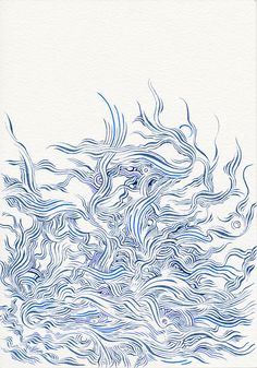 a drawing of waves in blue ink on white paper with watercoloring applied to it