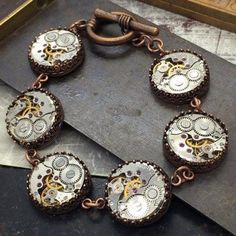 Ruth, Copper Watch Movement Bracelet #antiquejewerly #vintagewatch #Steampunkjewelry #victorianstyle #VictorianMagpie Moon Goddess Necklace, Steampunk Bracelet, Gold Pocket Watch, Station Bracelet, Industrial Jewelry, Old Watches, Repurposed Jewelry, Steampunk Jewelry, Bridal Bracelet