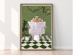 a frog reading a newspaper while sitting on top of a checkered floor next to a potted plant