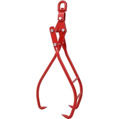 a red pair of heavy duty hooks on a white background with clippings to hold them in place