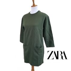 New W Tags Women Small Zara Military Green Pullover Slip On Sweatshirt Mini Dress W Pockets 18.5" Underarm To Underarm 32.5" Length 100 % Cotton Machine Washable Casual Crew Neck Sweatshirt Dress For Loungewear, Green Crew Neck Dress For Fall, Casual Crew Neck Sweater Dress For Loungewear, Spring Crew Neck Sweatshirt Dress, Fall Casual Sweatshirt Dress With Crew Neck, Casual Crew Neck Sweatshirt Dress For Fall, Casual Spring Sweater Dress With Short Sleeves, Casual Sweater Dress With Short Sleeves For Spring, Casual Short Sleeve Sweater Dress For Spring