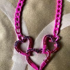 Nice Heart Necklace In Pink Color Metal Jewelry With Heart Charm For Party, Metal Heart Charm Jewelry For Party, Valentine's Day Pink Heart Necklace With Adjustable Chain, Pink Heart Necklace With Adjustable Chain, Double Heart Charm Jewelry For Party, Party Jewelry With Double Heart Charm, Double Heart Necklace For Party, Metal Jewelry For Valentine's Day Party, Trendy Jewelry For Valentine's Day Party