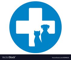 a dog and cat are standing in front of a blue sign with the cross on it