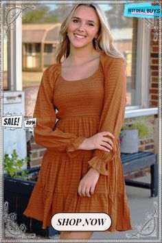 Brown Bishop Sleeve Smocked Tiered Mini Dress Casual Brown Smocked Dress For Fall, Spring Brown Smocked Dress, Fitted Brown Smocked Dress, Brown Smock Spring Dress, Fall Mini Dress With Smocked Back And V-neck, Tiered Mini Dress, Bishop Sleeve, Dresses By Length, Women's Fashion Dresses