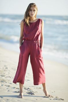 "Linen pants suit/ Black linen blouse and pants/ Palazzo pants and tank top/ Linen beachwear with gauze pants/ Wide leg linen trousers. Eco friendly custom color beach leisure outfit. Burgundy soft linen elegant suit. Modern linen simple set. Linen sleeveless top and linen pants with elastic waistband and deep front pockets. The set is exceptionally comfortable and soft, made from prewashed and softened medium weight natural Lithuanian linen. You can choose from 47 different colors. To have a pe Summer Beach Linen Jumpsuits And Rompers, Linen Beachwear Pants For Beach Season, Beachwear Linen Pants For Beach Season, Summer Linen Pants For Beach Season, Chic Linen Jumpsuits And Rompers For Beach, Linen Wide-leg Jumpsuits For Beach, Linen Wide Leg Jumpsuits For Beach, Beach Linen Wide Leg Jumpsuits And Rompers, Wide Leg Linen Jumpsuits And Rompers For Beach