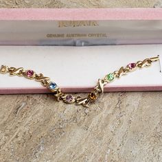 Multi Colored Crystals In Gold Colored Link Bracelet. 7 Inch , Pink Velvet Box Included. Vintage, Never Worn. Really Pretty For What It Is! Pink Velvet, Crystal Bracelet, Color Crystal, Crystal Bracelets, Pink Gold, Womens Jewelry Bracelets, Link Bracelets, Birthday Wishes, Multi Colored