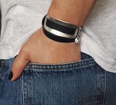 "Womens flat wrap leather bracelet, silver statement leather cuff, uno de 50 style bracelet, silver tag leather bracelet, girlfriend gift Welcome to my shop! This item is made of genuine flat leather 10 mm ( Natural,Black or Brown). The metal parts are zamak*. All pieces are anti-allergic, nickel and lead free. It can be worn in TWO DIFFERENT WAYS. You can easily move its silver plate and charm, and change its design! PLEASE KINDLY NOTE: THE LISTING IS FOR ONE BRACELET! Matching Bracelet: https: Silver Bracelets With Magnetic Closure As Gift, Silver Bracelet With Magnetic Closure As Gift, Modern Leather Bracelet With Magnetic Clasp As Gift, Modern Magnetic Leather Bracelet As Gift, Leather Double Band Bracelet For Gift, Everyday Silver Leather Bracelet With Black Band, Trendy Silver Leather Bracelet For Everyday, Bracelet Matching, Padlock Necklace