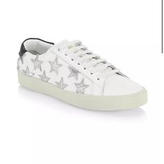 Saint Laurent Authentic Court Classic Sl/06 Metallic Star Sneakers New No Box Saint Laurent Court Classic, Classy Sneakers, Saint Laurent Sneakers, White Tennis Shoes, Leopard Sneakers, Yves Saint Laurent Shoes, Metallic Sneakers, Black Leather Sneakers, Mid Top Sneakers