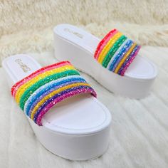 Beach Day By Mata Shoes White Base With Multi-Color Strap 3 Inch Platform Sandals With Rainbow Strap New In Box Rainbow Open Toe Platform Heels, Multicolor Synthetic Flip Flops With Cushioned Footbed, Multicolor Cushioned Synthetic Flip Flops, Multicolor Open Toe Synthetic Sandals, Multicolor Synthetic Sandals For Summer, Multicolor Synthetic Open Toe Sandals, Multicolor Synthetic Summer Sandals, Multicolor Synthetic Wedge Sandals With Round Toe, Multicolor Synthetic Wedge Sandals For Summer