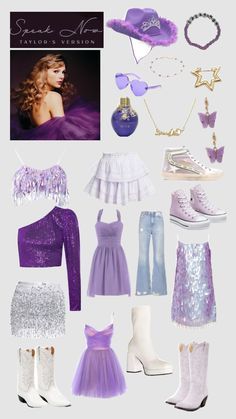 purple and white outfits are arranged in the shape of a collage