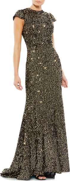 Mac Duggal Sequin Trumpet Gown | Nordstrom Gold Full Length Dress For Gala, Gold Full-length Dress For Gala, Gold Gown With Fitted Bodice For Night Out, Gold Fitted Mermaid Hem Gown, Gold Evening Dress With Fitted Bodice For Night Out, Elegant Gold Evening Dress With Mermaid Hem, Elegant Gold Mermaid Hem Evening Dress, Fitted Gold Gown For Prom Season, Gold Full-length Evening Dress