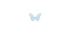 a blue butterfly flying across a white sky